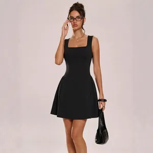 Elegant sleeveless square neck black mini dress for women with professional slim fit design