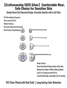 Detailed features of S925 sterling silver round bezel-set cubic zirconia stud earrings