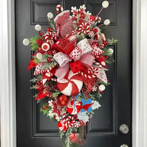 Christmas Teardrop Swag Wreath Candy Theme Red White Bow Pine Needle Berries Door Wall Holiday Decoration Festive