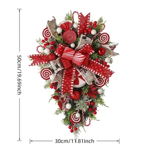 50cm Christmas candy teardrop wreath with red ribbons and ornaments for holiday decor