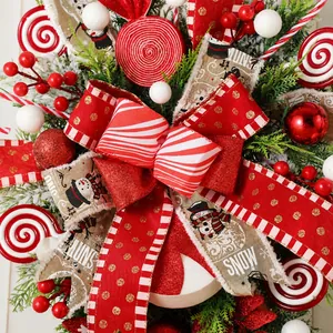 Vibrant Christmas wreath featuring red and white candy ornaments and festive ribbons