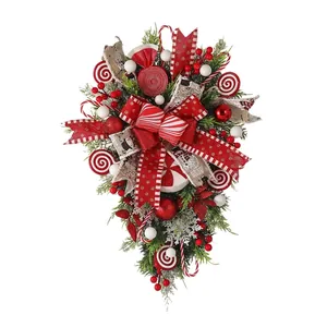 Traditional red and white candy cane Christmas teardrop wreath for wall decor