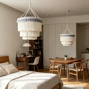 Elegant hand-woven Bohemian macrame fringe lampshade hanging in a minimalist Nordic room.
