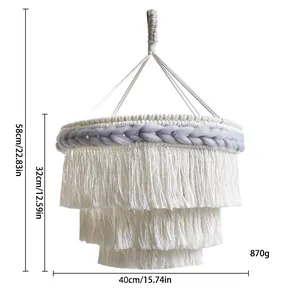 Detailed dimensions of the hand-woven bohemian macrame lampshade with grey braid