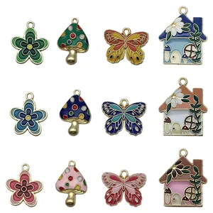 Colorful enamel butterfly flower mushroom house charms for DIY jewelry making kits