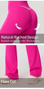 Close-up detail of ruched butt lift design and flared hem on hot pink yoga pants