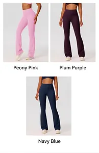 High waist flare yoga pants shown in begonia pink, prune purple and navy blue colors