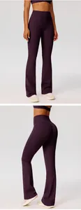 Detailed view of high-waisted flared yoga pants with scrunch butt lift in deep plum