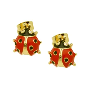 Cute red enamel ladybug stud earrings with gold-plated finish and zircon accents.