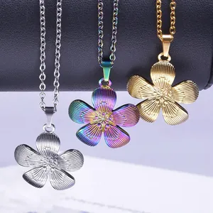 Textured Flower Pendant Necklace Plated Stainless Steel Five Petal Jewelry For Women Girls Rainbow Gold Silver Tone