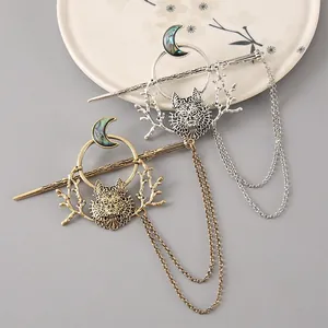 Exquisite vintage wolf head hairpins with moon and chain details in gold and silver tone