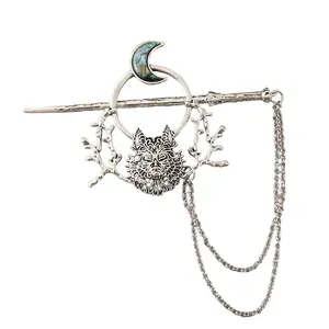 Retro vintage silver wolf head hair stick with crescent moon and chain tassel detail