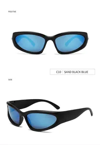Futuristic Y2K sports sunglasses shown from positive and side angles in detail