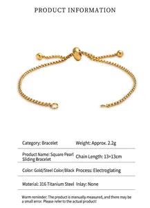 Detail view of adjustable 316 titanium steel box chain bracelet with gold plating