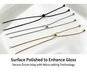 Close-up detail of adjustable stainless steel box chain bracelets in three colors.