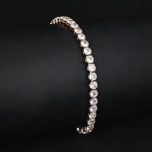 Elegant rose gold tennis bracelet with brilliant round-cut cubic zirconia stones.