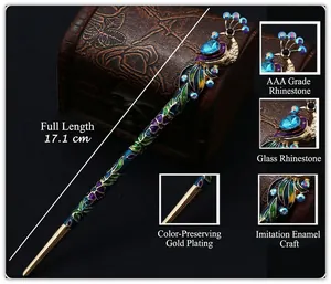 Vintage peacock hair stick detail view showing length 17.1cm and enamel craft detail