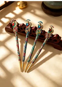 Detail of vintage peacock hairpins with colorful rhinestones and cloisonné style enamel.