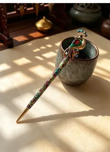 Detailed close-up of a vintage peacock hairpin with cloisonné enamel and red gemstone.