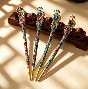 Peacock Hair Stick Vintage Chinese Style Cloisonné Enamel Alloy Rhinestone Crystal Hanfu Hair Accessories For Women