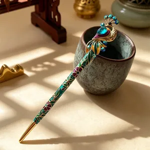 Vintage peacock hair stick with blue crystals and colorful enamel for traditional updos