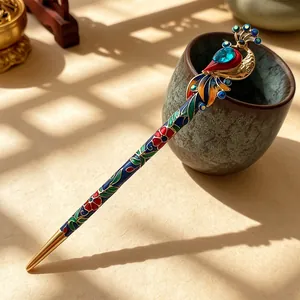 Vintage peacock hair stick with colorful enamel and blue gemstone for Hanfu updo.