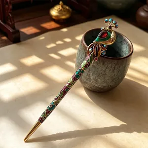 Vintage gold peacock hair stick with colorful rhinestones and cloisonne enamel finish