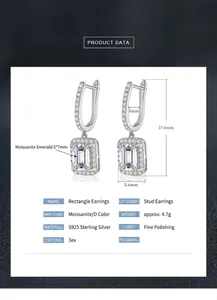 Detailed size and specifications of rectangular Moissanite silver earrings