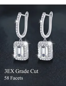 Elegant 925 sterling silver moissanite drop earrings with radiant cut stones and pavé halo