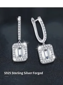 Detail of radiant cut moissanite drop earrings in polished S925 sterling silver