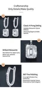 Close-up of radiant cut moissanite earrings with 925 silver four-prong setting detail.