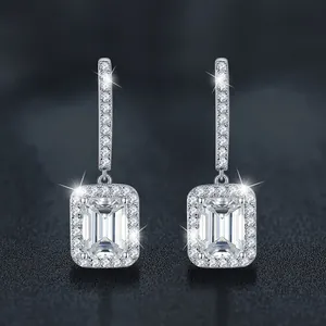 Elegant radiant cut Moissanite halo dangle earrings in 925 sterling silver for women.