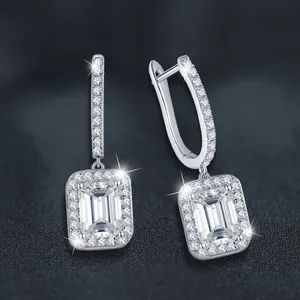 Elegant 925 sterling silver dangle earrings featuring radiant-cut moissanite stones