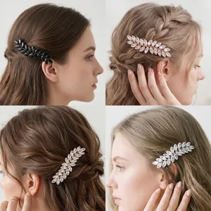 Zircon Leaf Hair Clip Elegant Retro Spring Barrette For Women Shiny Crystal Bridal Headpiece Fashion Accessory