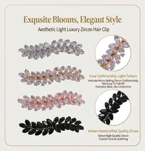 Detailed macro view of sparkling zircon leaf hair clips in four elegant metal finishes.