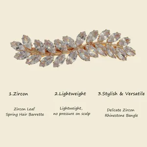 Macro view of a vintage zircon leaf hair barrette featuring delicate clear rhinestones.
