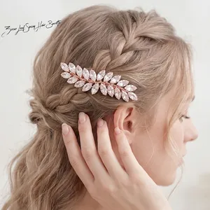 Elegant vintage leaf-shaped hair barrette with sparkling zircons for stylish women hairstyles