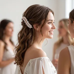 Vintage leaf hair clip with rhinestones worn by a smiling woman in a white dress.