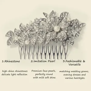 Dettaglio di un pettine per capelli da sposa con strass lucidi e perle eleganti.