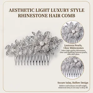 Elegante pettine per capelli da sposa vintage con strass a fiore e perle bianche