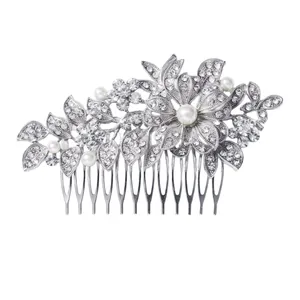 Elegante pettine per capelli da sposa argento con fiori vintage, strass e perle.