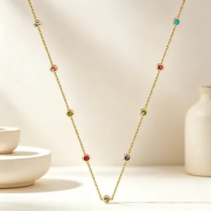 Station Necklace Stainless Steel Colorful Clear Zircon Bezel Minimalist French Style Jewelry Women