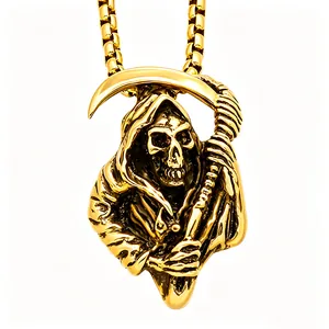 Detailed macro view of a golden titanium steel Grim Reaper scythe pendant for men
