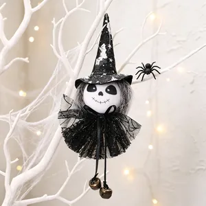Handmade Halloween witch doll hanging ornament with skull face and black mesh tutu