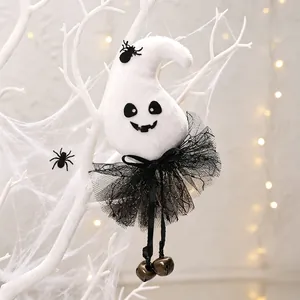 Halloween plush ghost hanging ornament with black lace tutu and bells