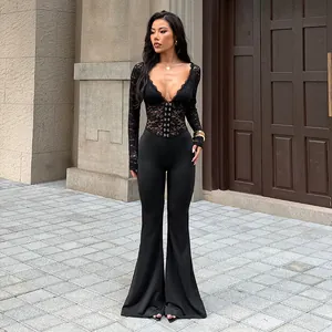 Combinaison Sexy Noire À Col En V Profond Pour Femmes Manches Longues Dentelle Patchwork Pantalon Évasé Coupe Ajustée
