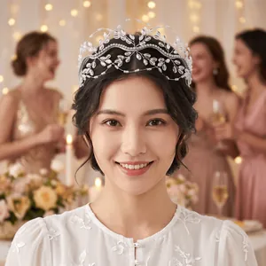 Detailed view of an elegant handmade crystal beaded bridal headband for weddings.