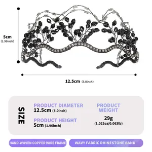 Elegant handmade black beaded bridal headband with fine crystal rhinestone details