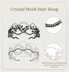 Detailed view of hand-wound copper wire and crystal beads on leaf-shaped headband