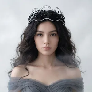 Handmade elegant black beaded bridal headband with crystal accents and mesh design